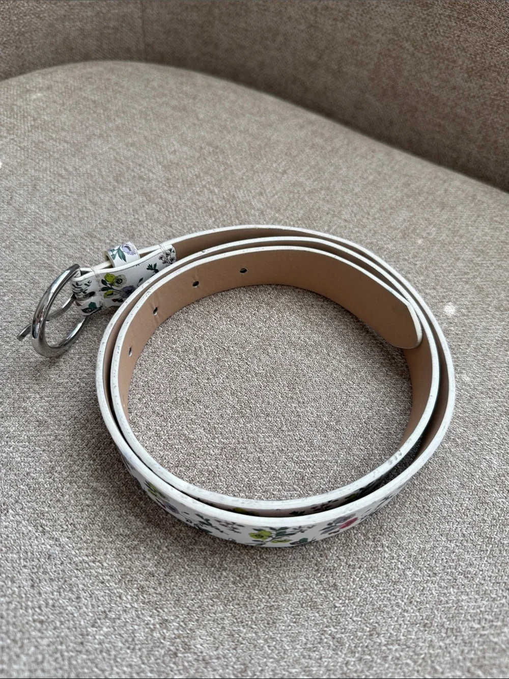 Ann Taylor White Floral Leather Belt with Silver Buckle